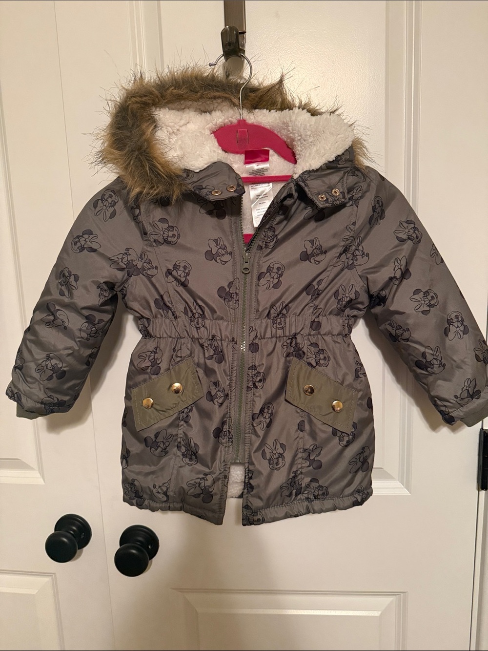 Disney Green Mini-Print Hooded Puffer Coat with Faux Fur Trim